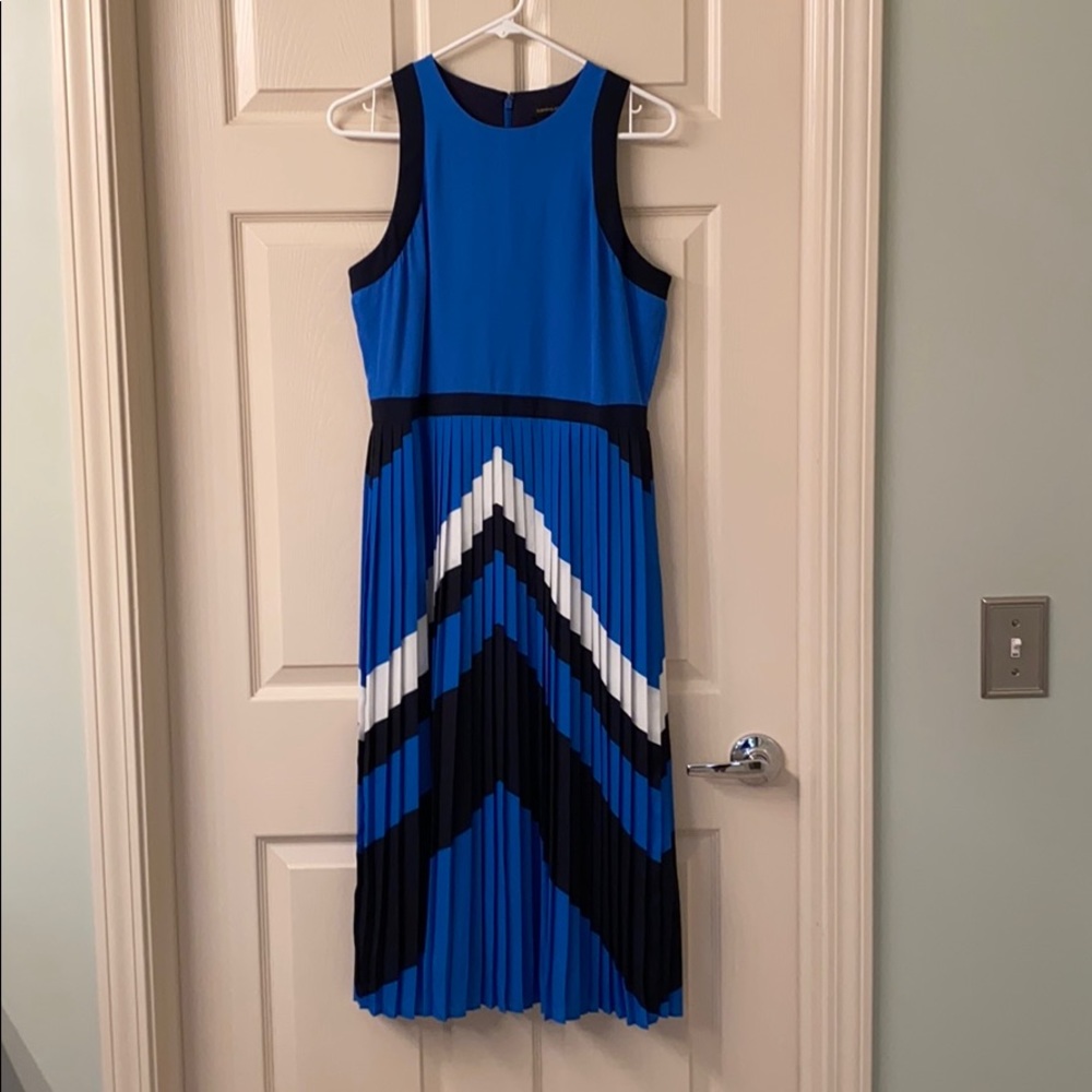 Blue and white pleated midi dress